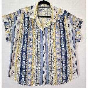 Tapestry Womens Button Down Top Short Sleeve Sz 20 Blue Tan Aztec Print VTG USA